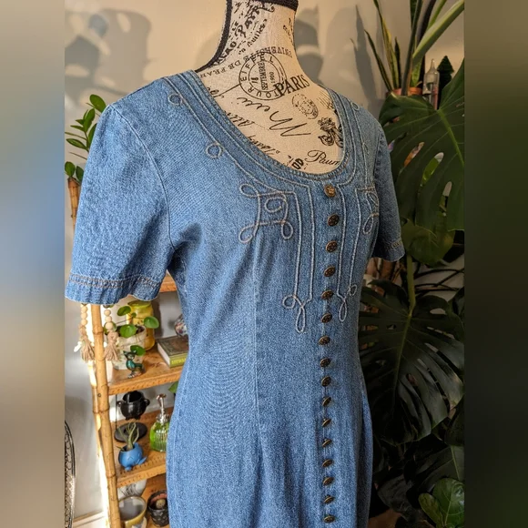 1990s Vintage Denim Women's Faux Button Up Dress Size 8 - Picture 3 of 10